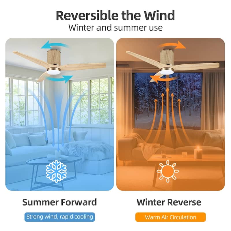 MLiAN 52 In. 3 Solid Wood Blades Flush Mount Ceiling Fan with Light Kit - 52"