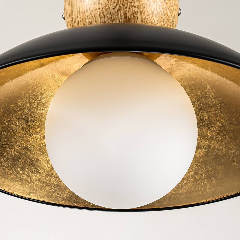 14.5 in. 1-Light Black/White Finish Wood Gold Leaf Dome Semi-Flush Mount Light with Opal Glass Globe