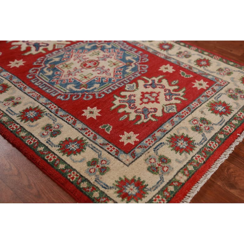 Red Kazak Foyer Rug Hand-Knotted Traditional / Geometric Wool Carpet - 2'9"x 3'9"