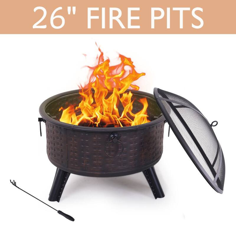 30-Inch Wood-Burning Steel Fire Pits, Round Steel Firepit for Patio Backyard Garden Outdoor Heating with Spark Screen, Poker