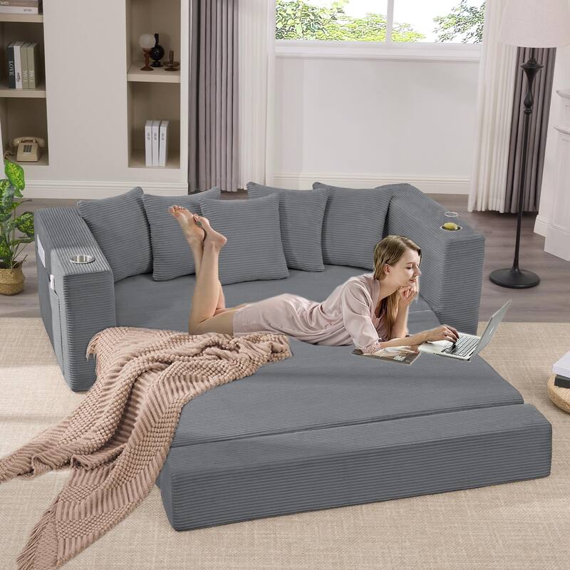 Convertible Corduroy Sleeper Loveseat Sofa Bed 3 Seater Floor Folding Couch with 5 Pillows, Cup Holders and Side Pockets