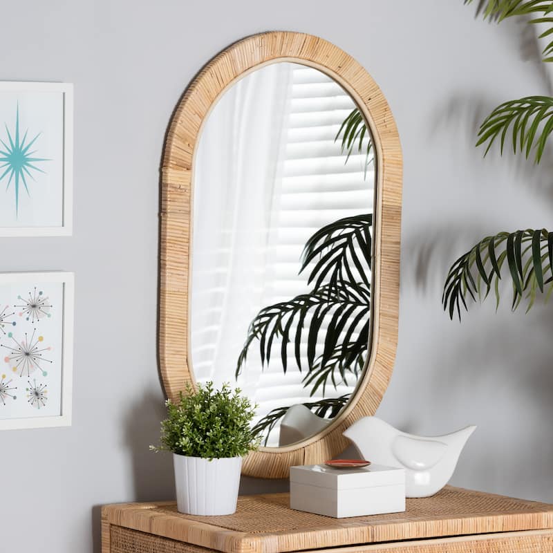 Bella Modern Bohemian Natural Brown Mahogany Wood and Natural Rattan Oval Mirror - Natural Brown