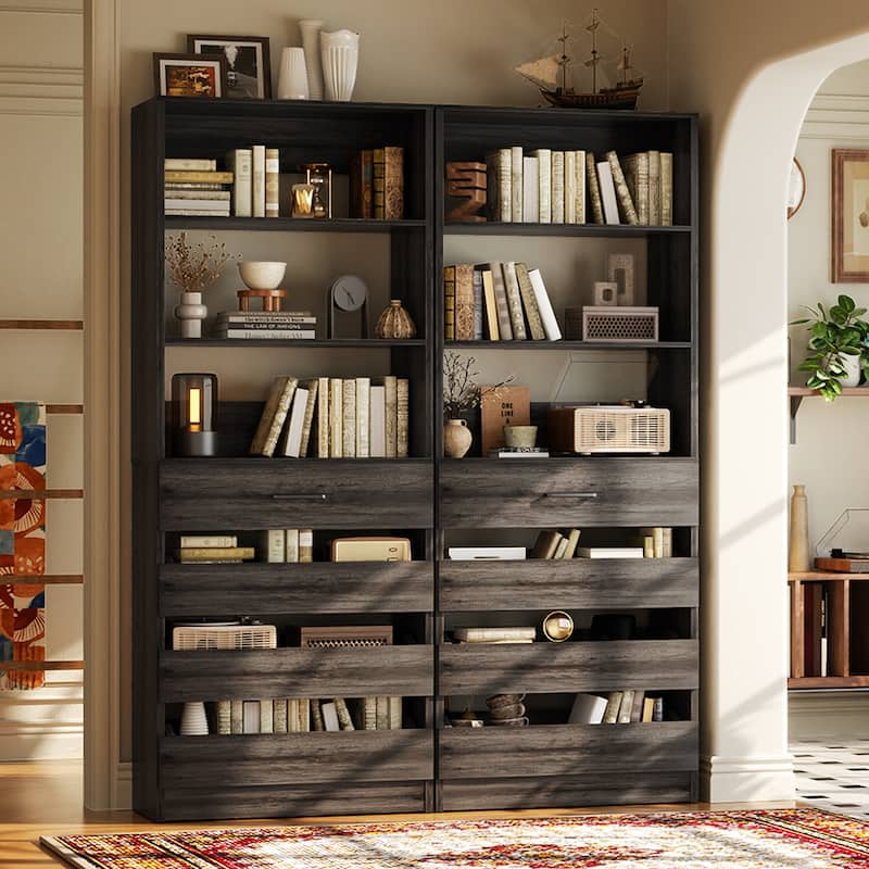 21.3" Storage Cabinet Bookshelf with Charging Station and 3 Wood Drawers, Freestanding Closet System with Storage Shelves