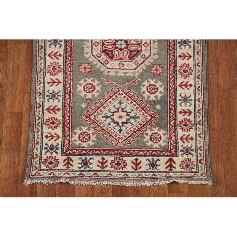 Gray Geometric Kazak Runner Rug Handmade Wool Carpet - 2'9" x 16'5"