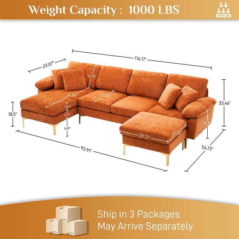 110" Upholstered Velvet U-shaped Sectional Sofa With Chaise Lounge & Ottoman