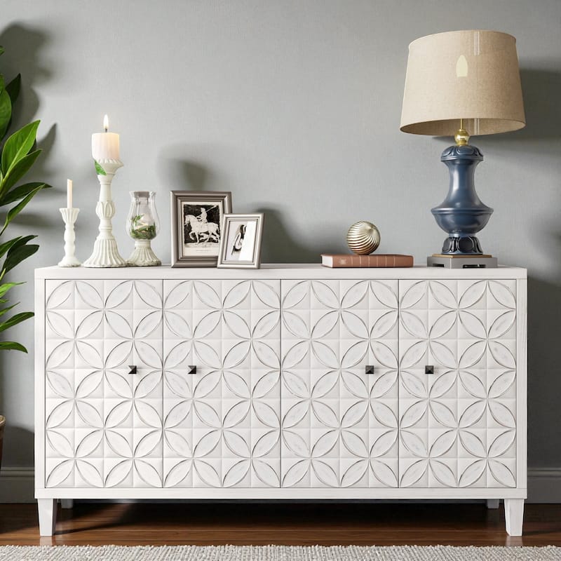 Farmhouse 60" 4-Door Wooden Accent Cabinet with Adjustable Shelves, White Wash Buffet Sideboard for Entryway