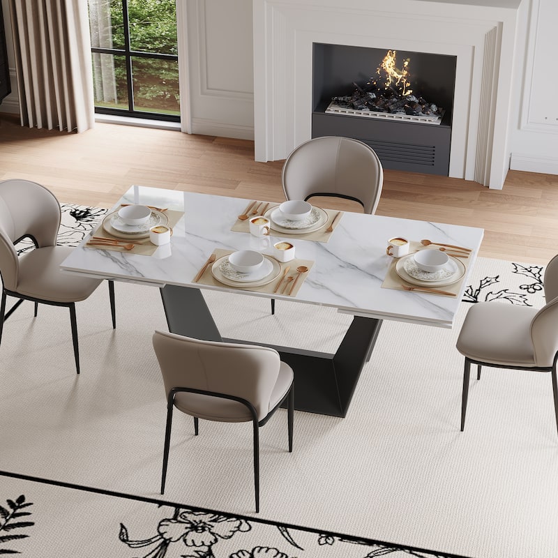 63"-95" Modern Extendable Dining Table For 6-10,White Glossy Sintered Stone Tabletop - 95