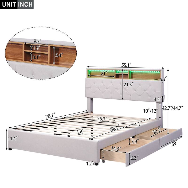 Full Upholstered Platform Bed with Storage Headboard, LED Lighting, USB