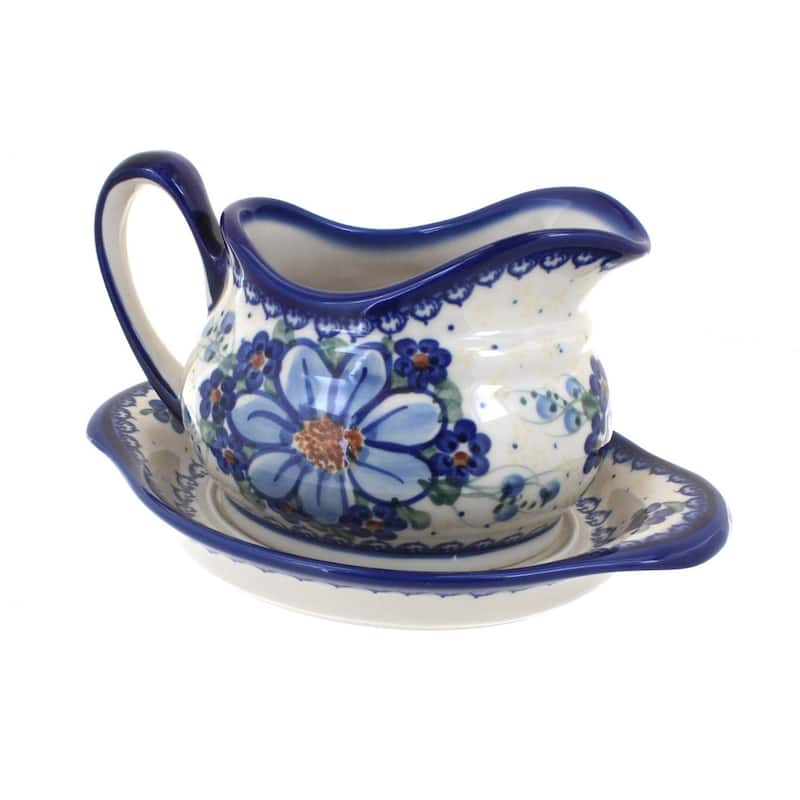 Blue Rose Polish Pottery 128-129 Vena Gravy Boat & Plate