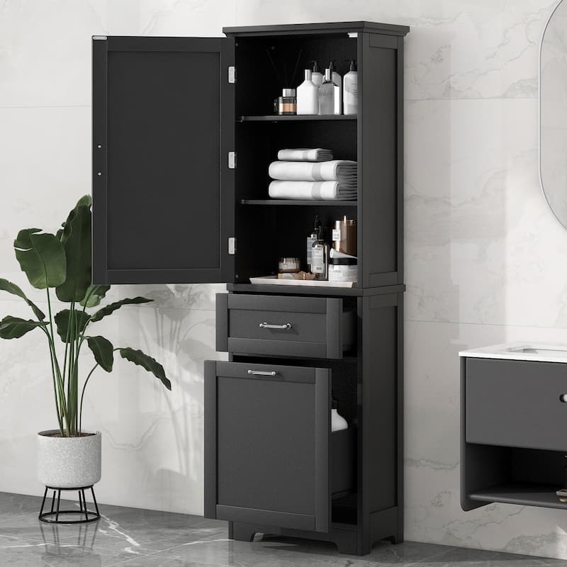 GDFStudio - Rowan Tall Freestanding Bathroom Storage Cabinet with Two-Sized Drawers and Adjustable Shelf - Storage Cabinet - Black