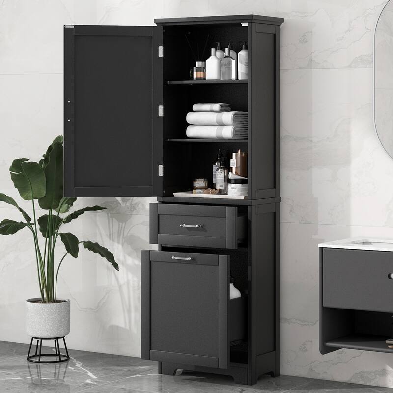 Roomfitters 63" Tall Bathroom Storage Cabinet, Freestanding Linen Tower with 2 Drawers and Adjustable Shelves, Black