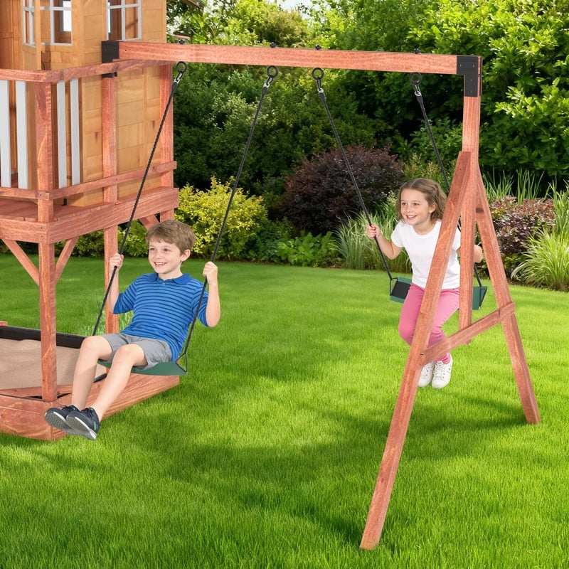 Kids Outdoor Wooden Swing Set with Elevated Playhouse, Wave Slide, Belt Swings and Sandbox - Natural Wood