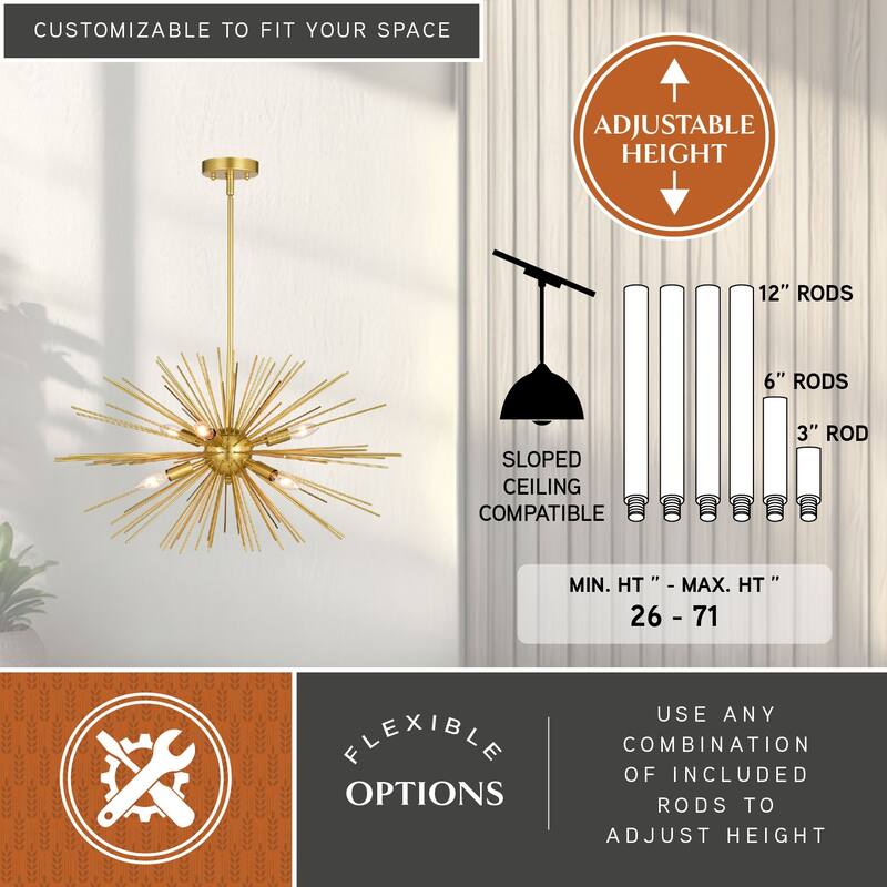 Nikko 6L Starburst Gold Mid-Century Modern Pendant Light - 28-in W x 26-in H x 28-in D