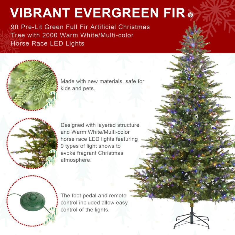 Glitzhome 7.5ft/9ft Pre-Lit Full Fir Artificial Christmas Tree w/Foot Pedal & Remote Control Simple Setup