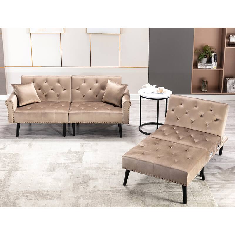 Convertible Velvet Sofa Couch, Sectional Sofa with Ottoman, Mid-Century Futon Sofa Bed - 32"D x 100.7"W x 29.9"H
