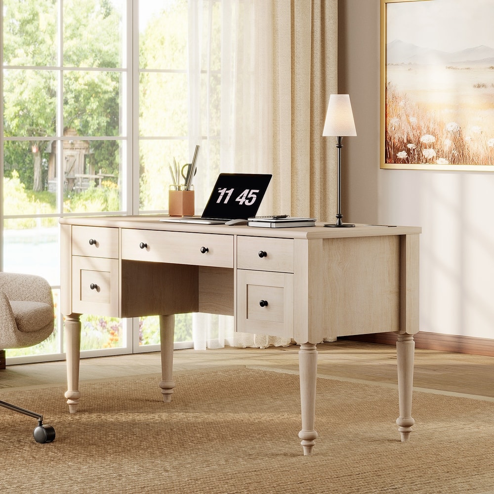 56'' Farmhouse Executive Desk with Drawers White/Oak - 5 Drawers and 2 Doors