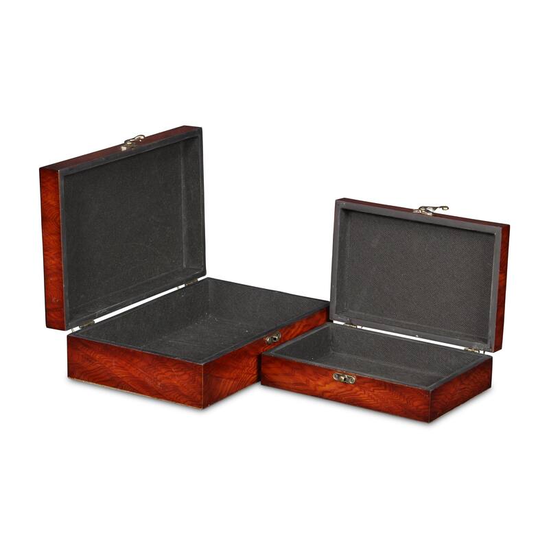 Brown Wooden Burlwood Veneer X Design Storage Boxes (Set of 2)