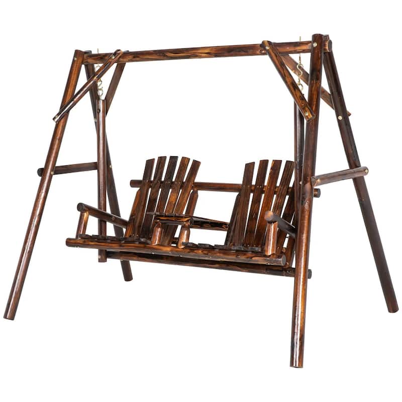 Wooden Porch Swing with Stand, 2-Seat Patio Swing Chair with Table