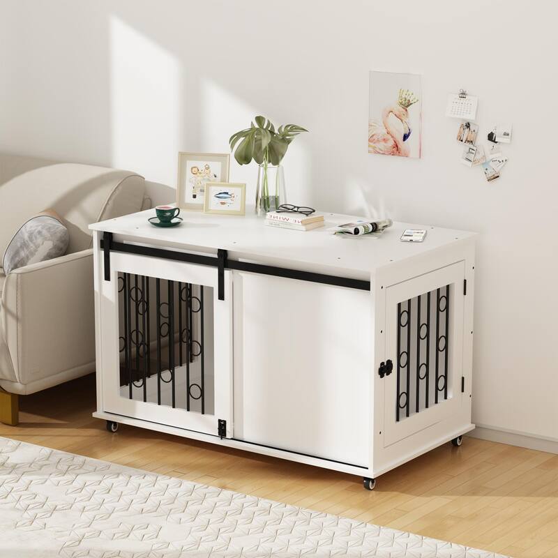 39.37" Wooden Dog Crate Furniture with Sliding Barn Door and Side Door, Indoor Dog Kennel End Table for Small to Medium Dogs