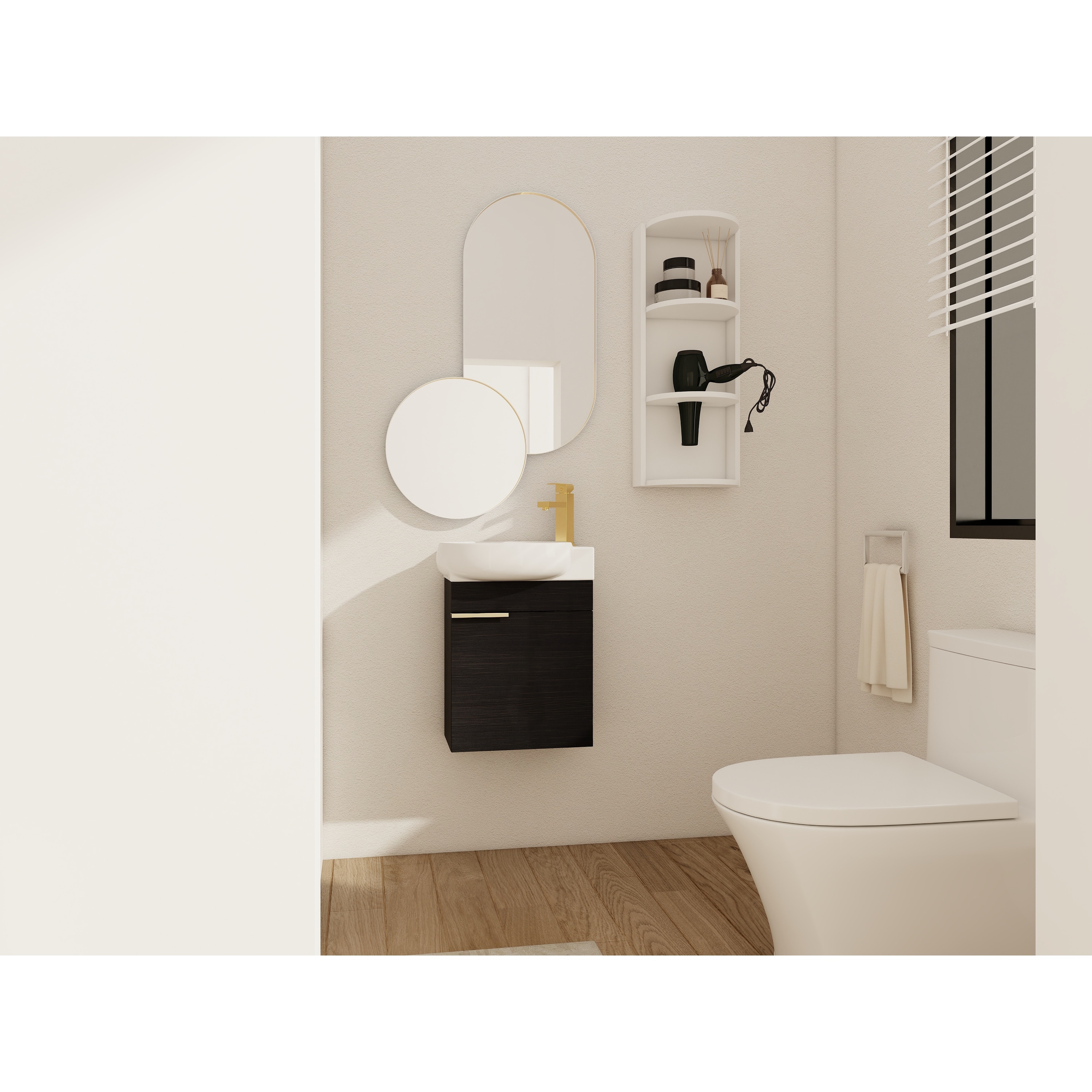Wall Mounted Bathroom Cabinet with Ceramic Sink, Floating Bathroom Vanity Set with Storage Rack & Soft Close Doors