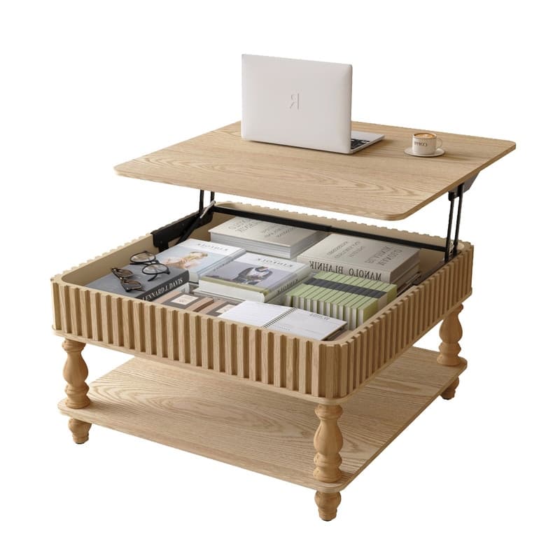 Fluted 31.5" Square Lift-Top Coffee Table with Hydraulic Mechanism for Hidden and Open Storage Solutions