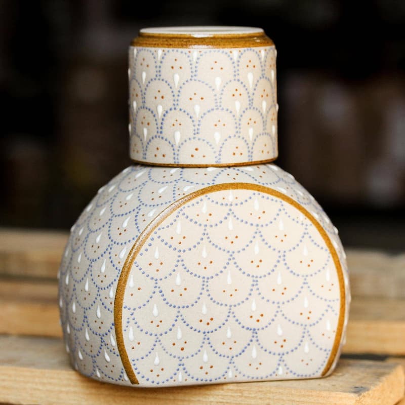 NOVICA Artisan Handblown Ceramic Carafe Pitcher With Cup Grey Beige Liquor Decanters 'Downy Dew'(2 Piece Set)