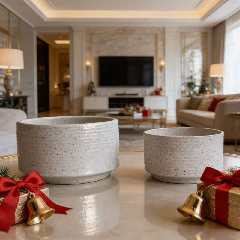 Handmade Ceramic Planter Set of 2, 11" & 8" Diameter, White with Vertical Ridges - Milk White