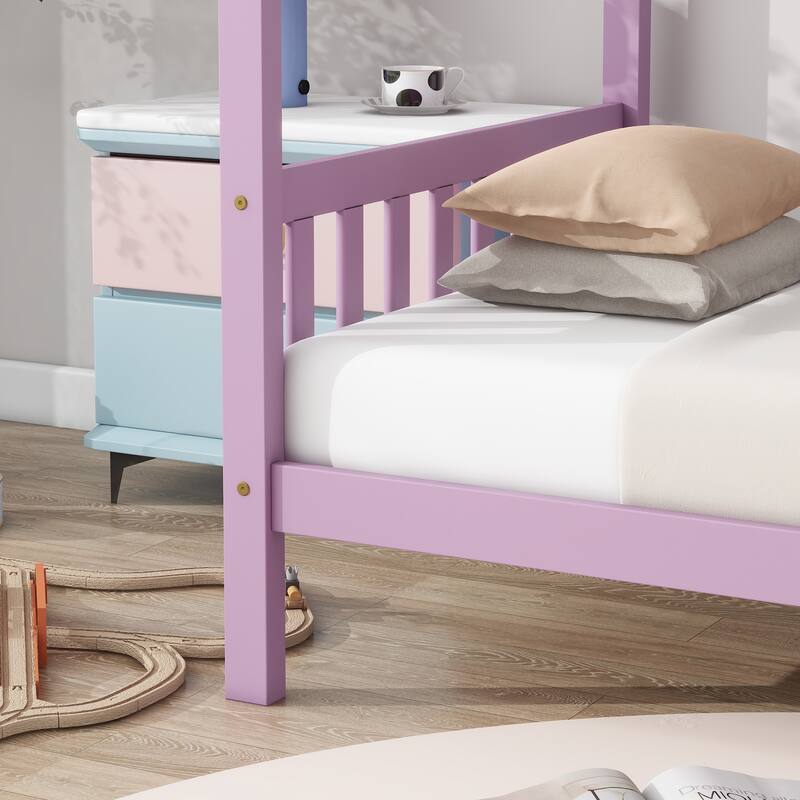 Pink Twin House Bed with Headboard and Footboard, Rubber Wood Frame, Space-Optimizing Design