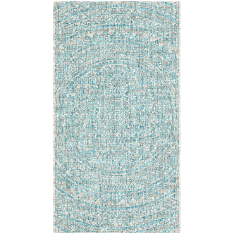 SAFAVIEH Courtyard Fran Mandala Indoor/ Outdoor Waterproof Patio Backyard Rug - 3' x 5' - Light Grey/Aqua