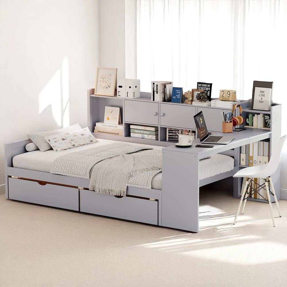Space-Saving L-Shaped Daybed with Seven Storage Cabinets, Two Drawers, and Adjustable Study Desk