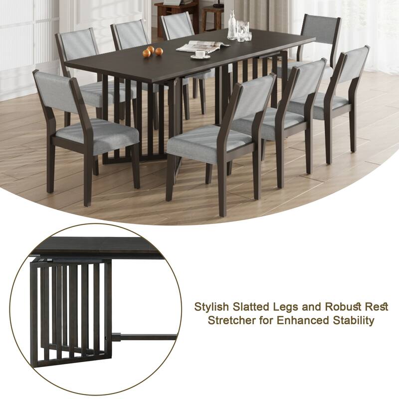 Solid Wood Farmhouse Dining Set: 83.9" Extendable Table with 2 Removable Leaves & 8 Comfortable Upholstered Chairs