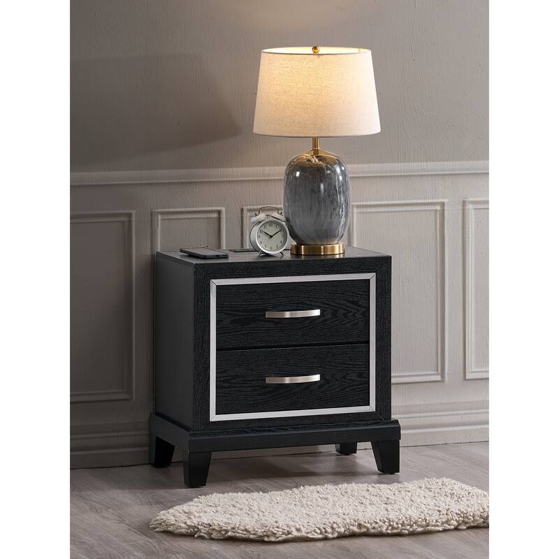 2 Drawer Nightstand with AC and USB Outlets, Black Finish - Black