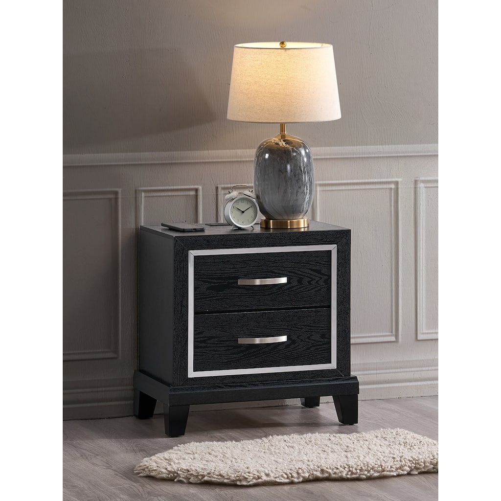 2 Drawer Nightstand with AC and USB Outlets, Black Finish