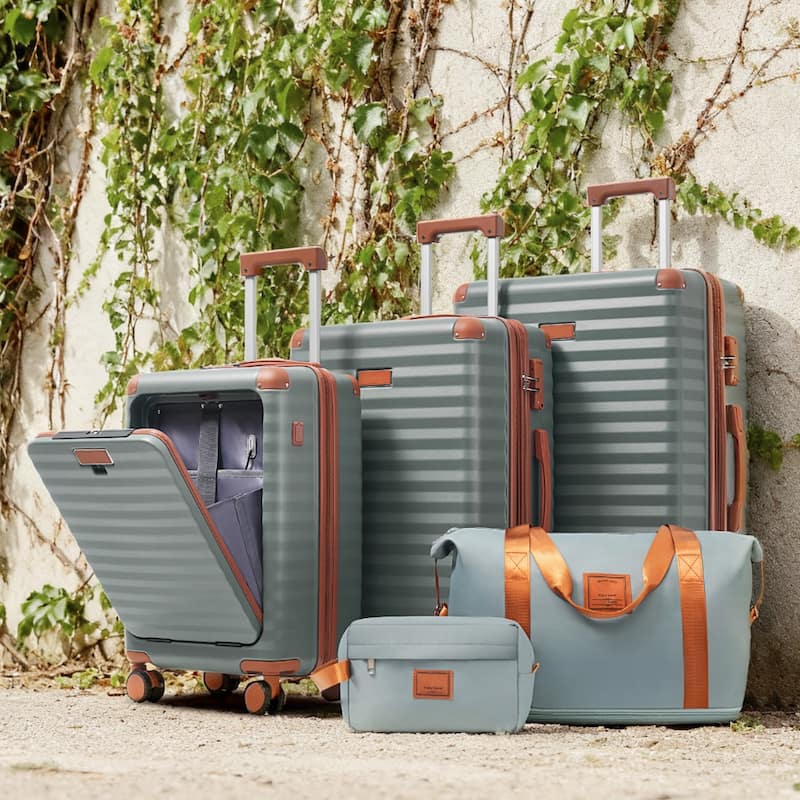 Luggage Sets 5 Piece with Front Opening, Hardside Expandable Carry on Suitcase with Spinner Wheels TSA Lock USB Port Cup Holder