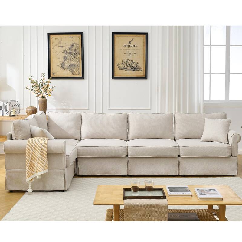 Modular Sectional Sofa, Convertible L-Shaped Upholstered Couch with Rolled Arms, Classic Reversible Corner Sofa for Living Room