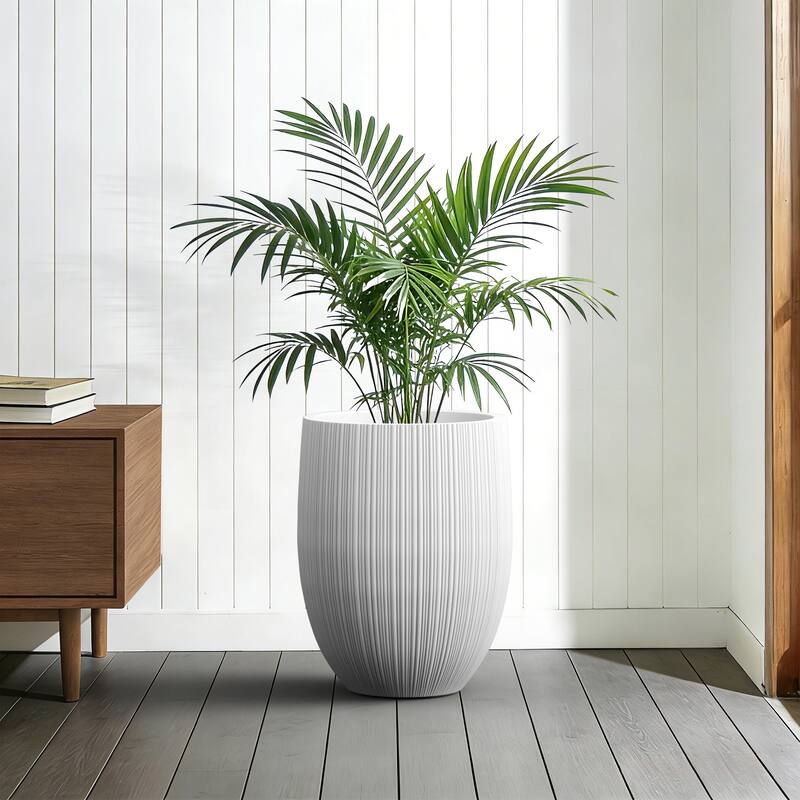 Concrete Round Fluted Planter Pot Barrel-Style with Drainage Holes