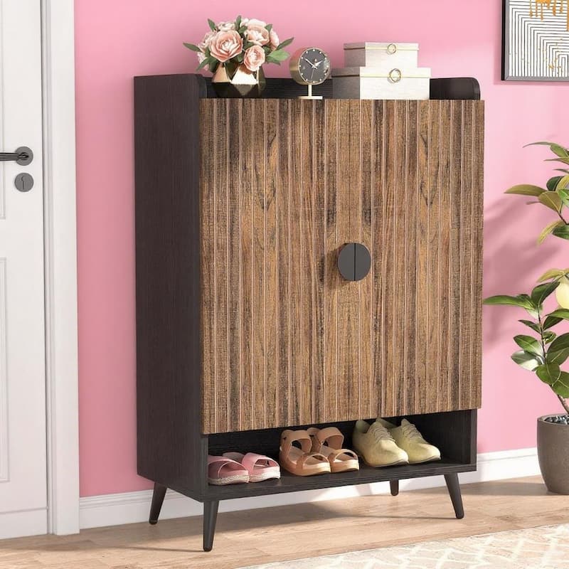 7 Tier Shoe Cabinet with Adjustable Shelves for Entryway Storage 29.5 Inch Height Durable Wooden Organizer for Home and Hallway - Brown