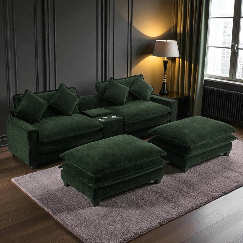 111" Chenille Upholstered Sectional Sofa with 2 Ottomans, USB Ports, Cup Holders and Storage Box for Living Room - Green