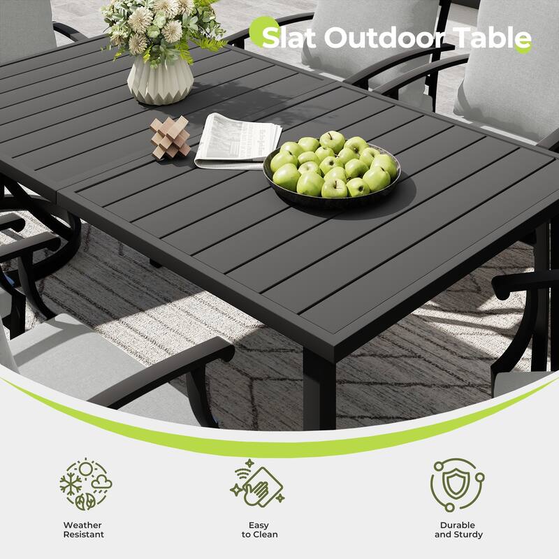 IvyGlow 7-Piece Black Metal Patio Dining Set with Rectangular Table, 6 Swivel Dining Chairs and Gray Cushions