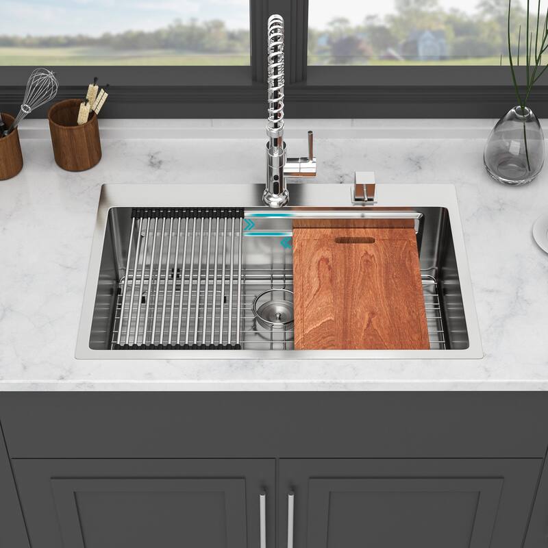 Drop-in Topmount Single Bowl 16 Gauge Stainless Steel Ledge Workstation Kitchen Sink