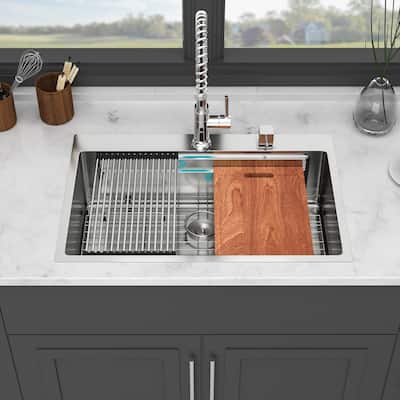 Drop-in Topmount Single Bowl 16 Gauge Stainless Steel Ledge Workstation Kitchen Sink