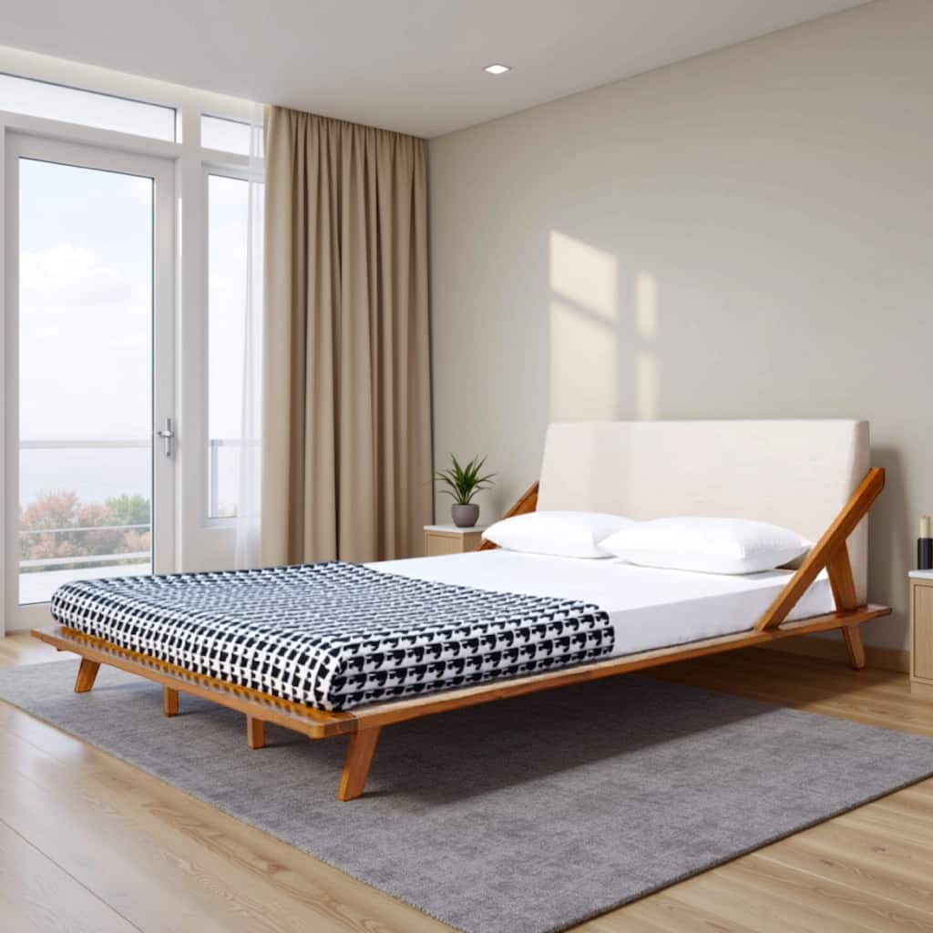 Queen Size Bed, Beige Upholstered Headboard, Natural Brown Acacia Wood