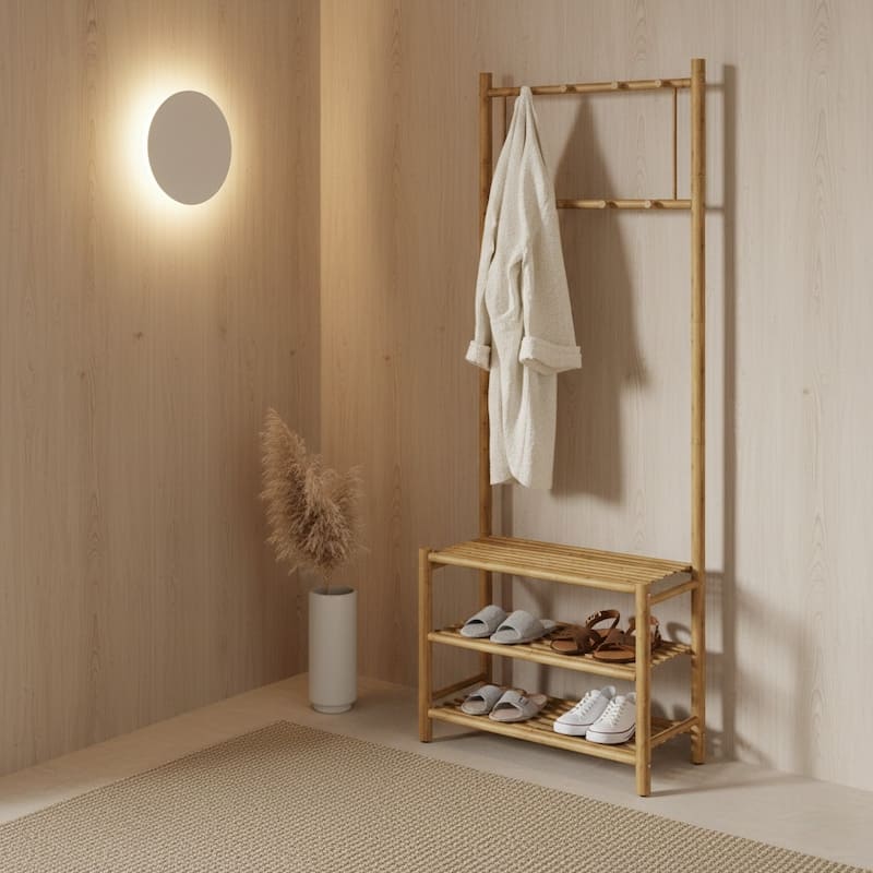 Handcrafted Natural Bamboo 3-in-1 Hall Tree with Bench Shoe Rack