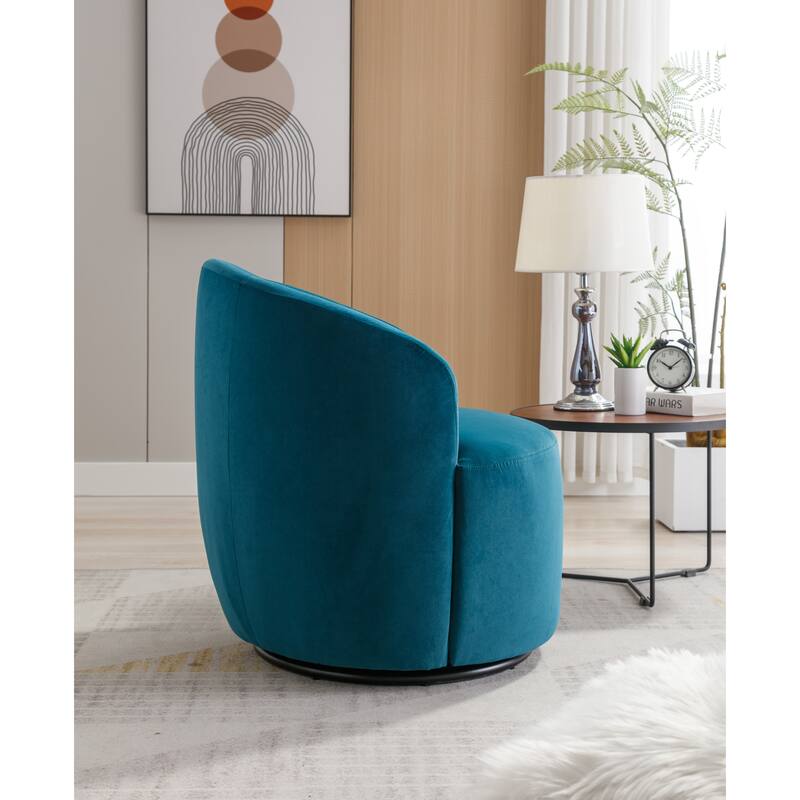 Modern Barrel Swivel Accent Chair with Metal Base, Round Velvet Upholstered Reading Chair w/ Curved Back for Living Room Bedroom