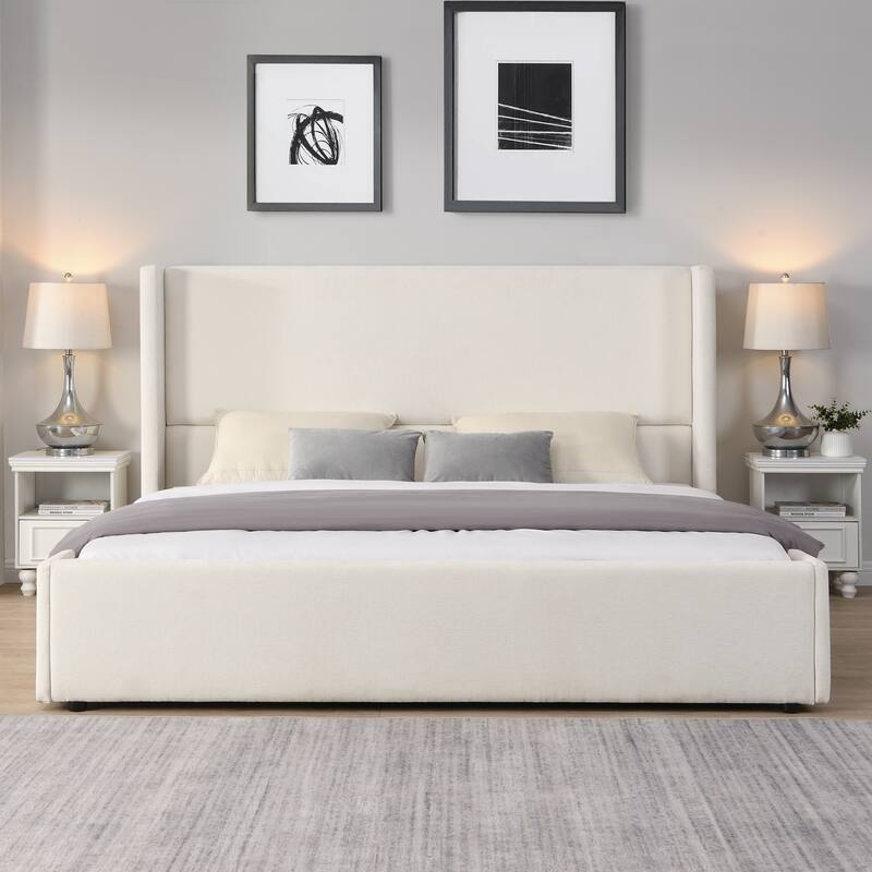 Elegant White Fabric Upholstered Bed with Tall Headboard, White, KING
