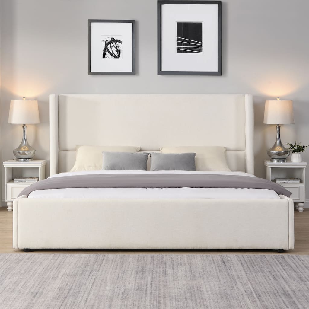 Elegant White Fabric Upholstered Bed with Tall Headboard, White