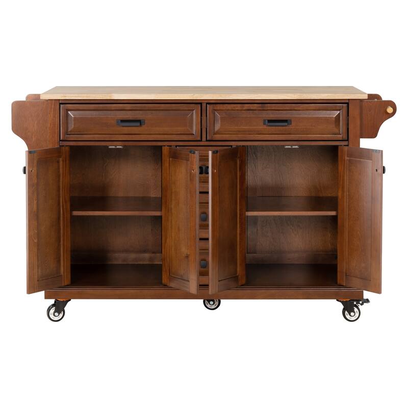 Kitchen Island with Rubber wood Countertop, Kitchen Cart on 5 Wheels with Storage Cabinet and 5 Drawers for Dinning Room