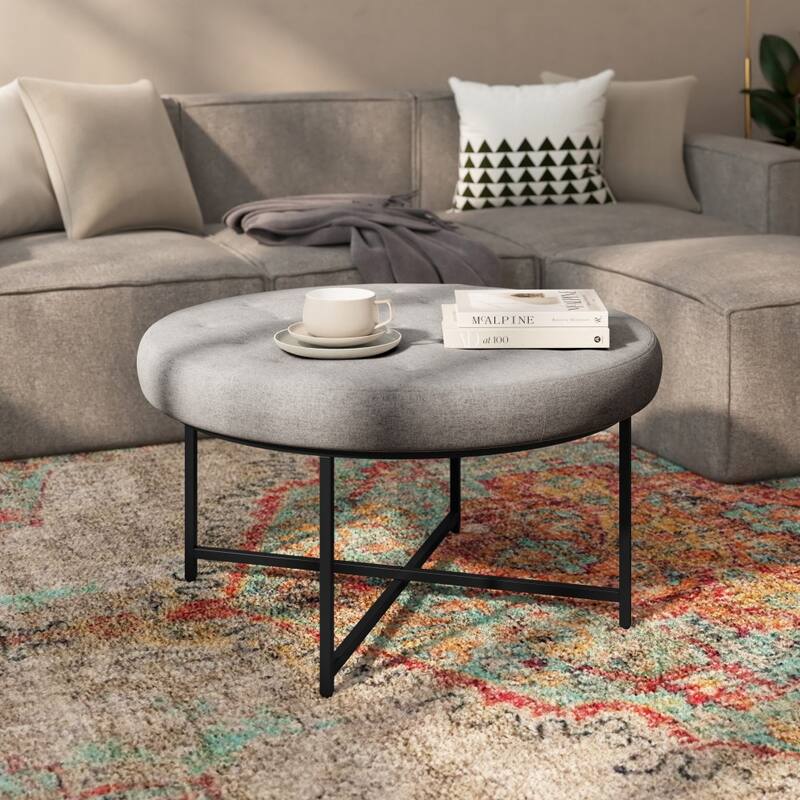 Tufted Round Cotton Linen Ottoman with Iron Frame - Gray