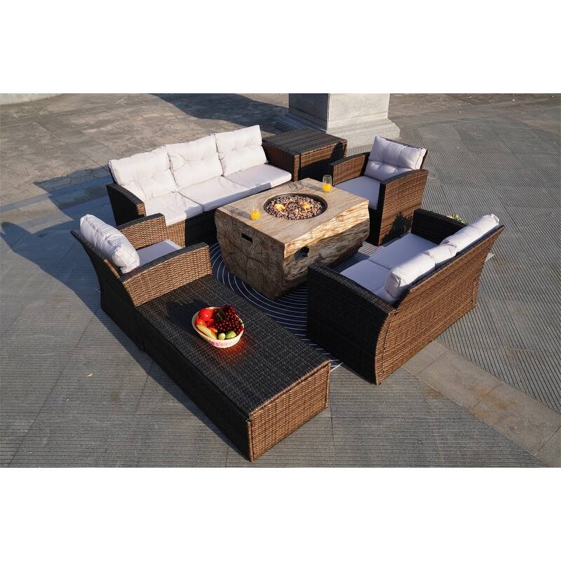 7-Piece Outdoor Rattan Conversation Sofa Set with Fire Pit Table - Rectangular brown table (W40"xD36.5"xH23.8")