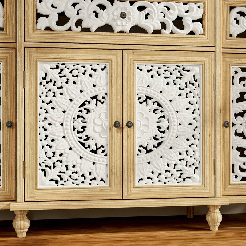Booksheves Boho Entryway Display Cabinet w Wall Décor White Hollow Carved Panels Sideboard